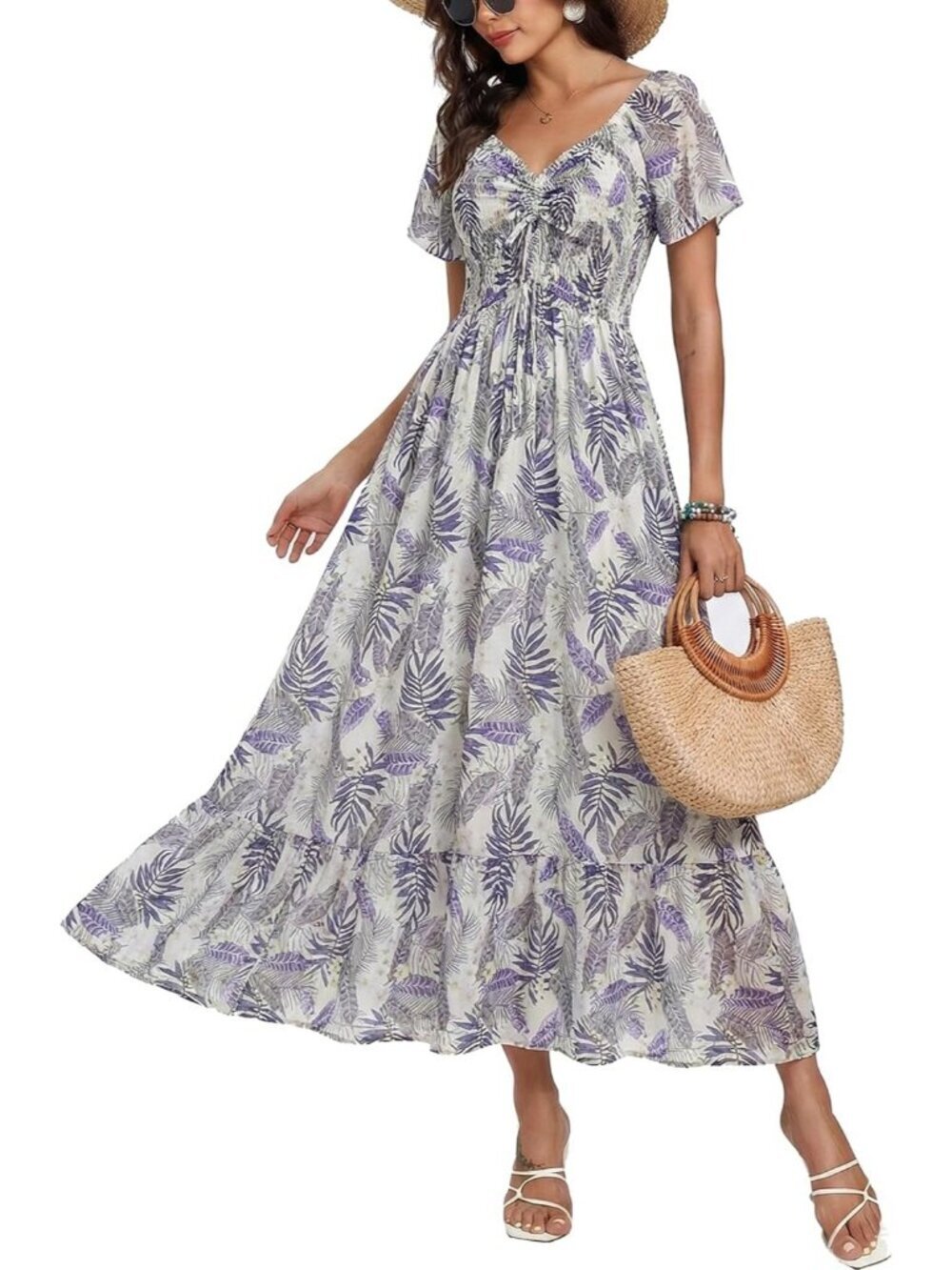 Women's White Leaves Flower Flowy Ruffled Beach Short Lightweight Maxi Dress